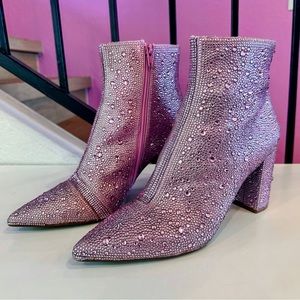 Betsey Johnson Pink Rhinestone Block Heel Pointed Toe Booties Size 9.5